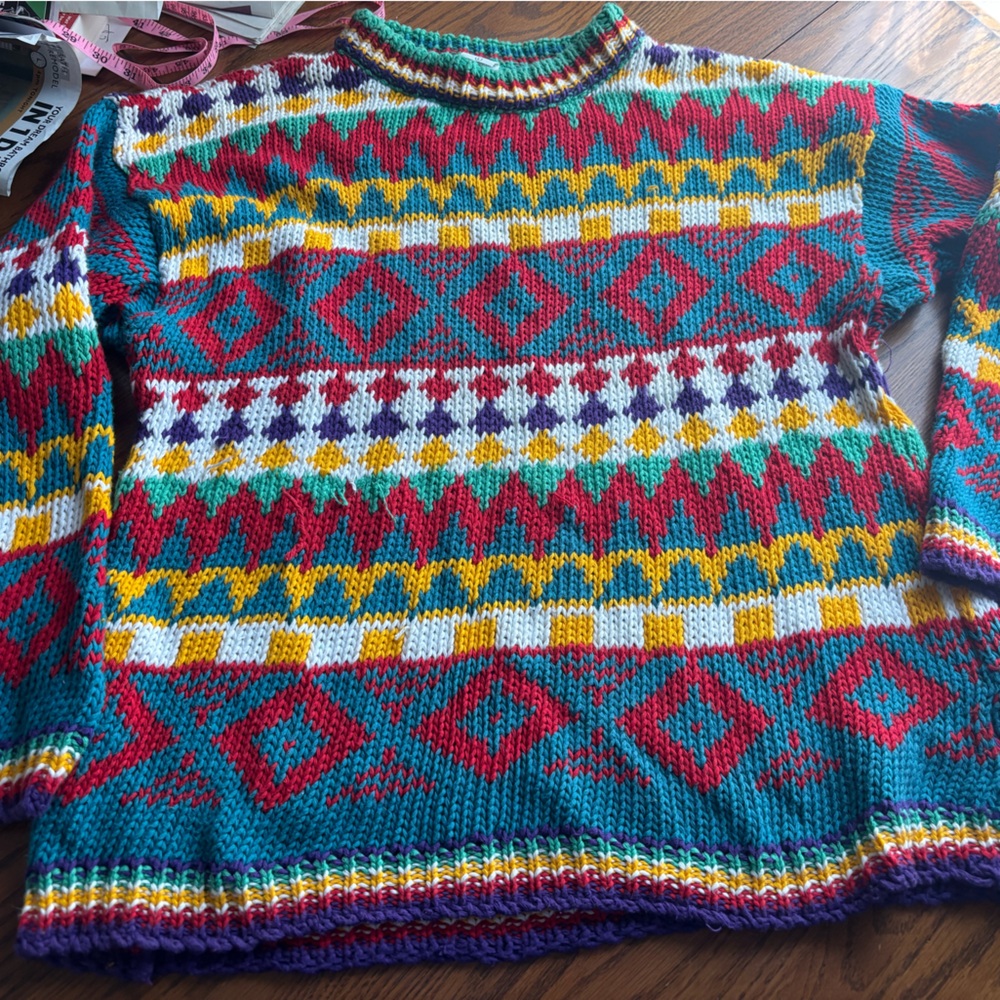 Vtg Greek knitwear mens L Aztec pattern bright color sweater